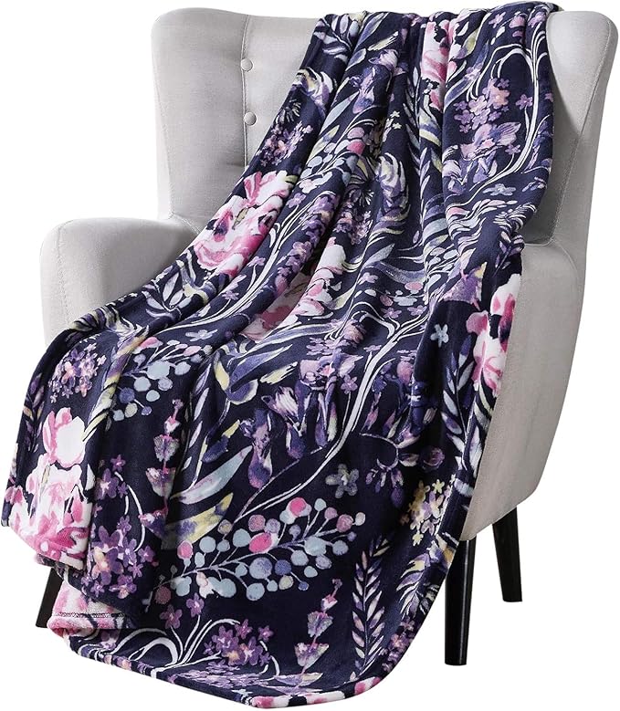 Floral Fleece Throw Blanket: Flowers Velvety Soft Vibrant Botanical Accent for Couch or Bed, Colors: Dark Navy Blue Pink Purple Yellow Green White, Oversized 50" x 70"