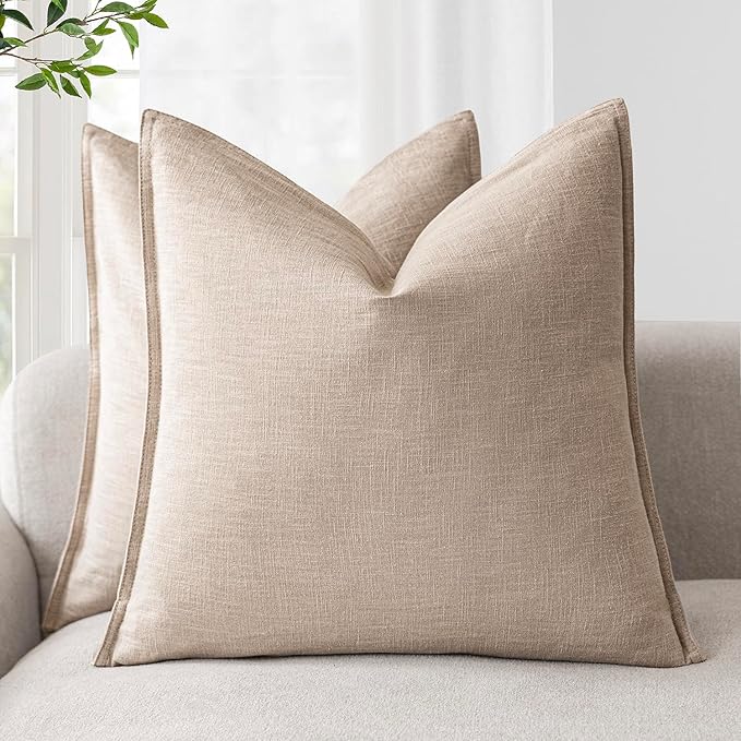 Foindtower Pack of 2, Decorative Linen Soild Throw Pillow Covers Soft Accent Cushion Case Farmhouse Neutral Pillowcase for Chair Couch Sofa Bedroom Living Room Home Decor 16 x 16 Inch Tan Beige