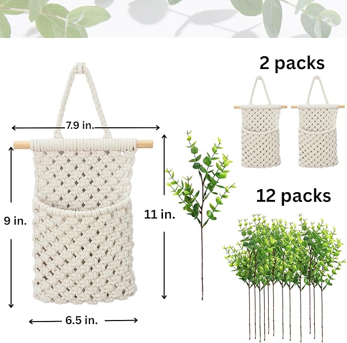 2 Packs Macrame Wall Planters with Artificial Eucalyptus | Macrame Plant Hanger, Wall Plant Holders for Boho, Bathroom, Bedroom & Wall Hanging Decor