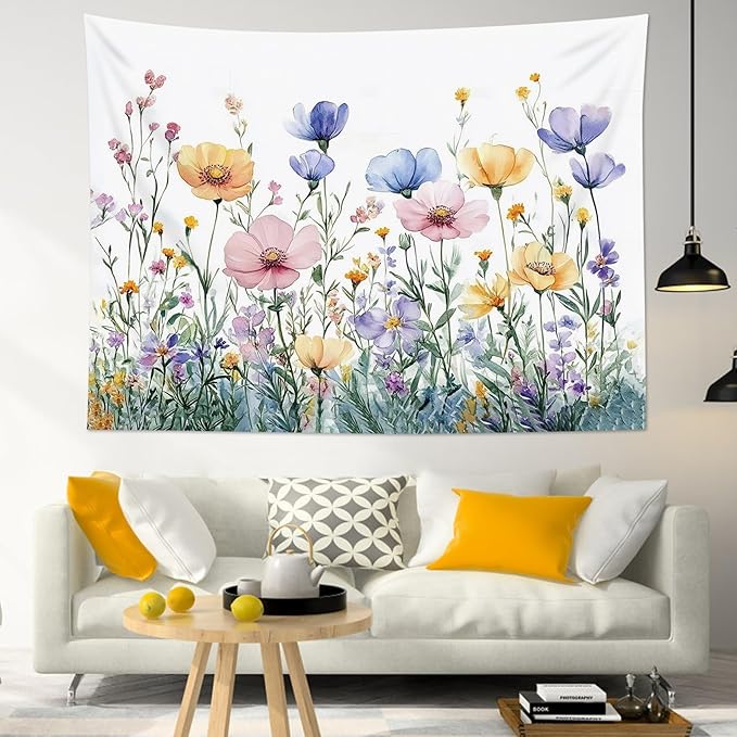 LB Aesthetic Flower Tapestry Rustic Colorful Floral Green Plant Wall Tapestry Nature Wildflower Botanical Tapestries for Bedroom Living Room College Dorm Wall Decor,78Wx60H inches