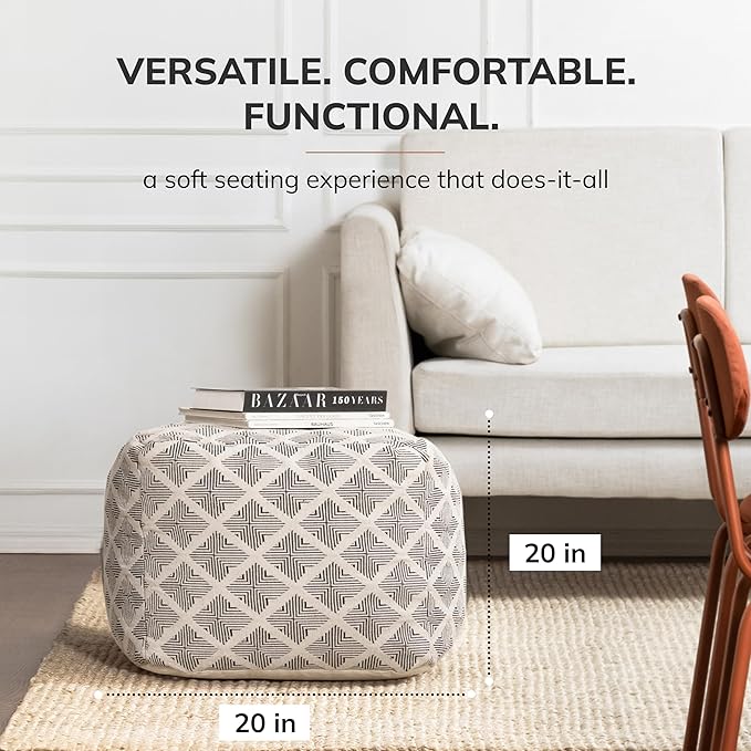 Anji Mountain Pouf Ottoman Foot Rest, Handmade Ottoman Pouf, Comfortable Foot Stool, Decorative Floor Seating for Living Room Decor, Bedroom & Home Décor Accent - Sketch Bone