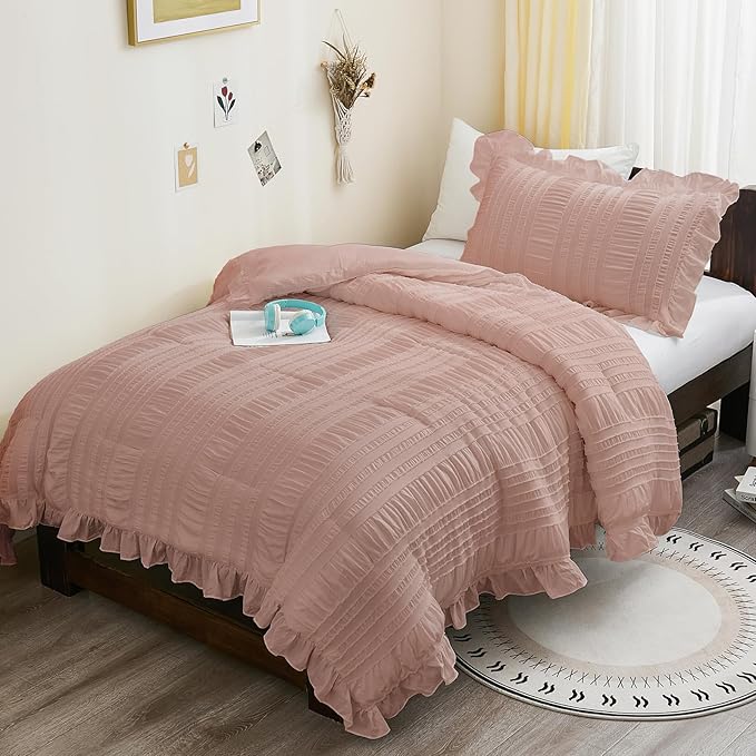 WONGS BEDDING Comforter Full Size, Pink Ruffle Comforter for Full Bed for Dorm Room Essentials, Soft Seersucker Textured Bedding Set Full Size Comforter Sets for Girls 90"×78"