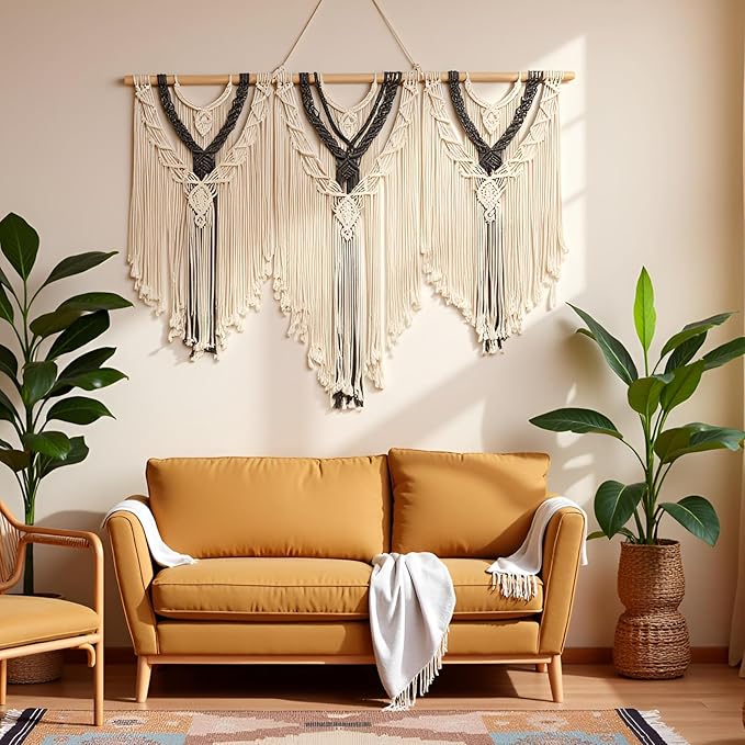 guzhiou large macrame wall hanging - Boho Tapestry Macrame Wall Decor Art- Chic Bohemian Handmade Woven Tapestry Home Decoration for Bedroom Living Room Apartment Wedding Party - 43"x32" (Beige-grey)