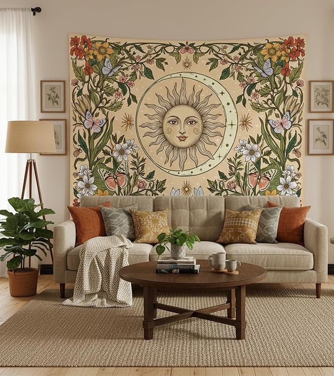 Accnicc Boho Sun and Moon Tapestry Vintage Floral Wall Tapestry for Bedroom Aesthetic Beige Celestial Plant Flower Butterfly Small Tapestries Wall Hanging for Living Room Dorm 60 x 44 Inch