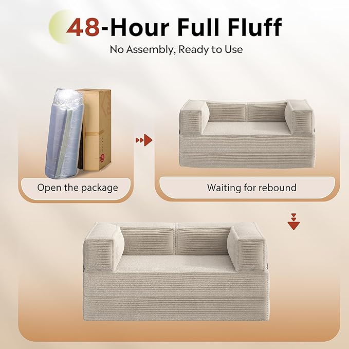 WLIVE 71'' Futon Sofa Bed, Convertible Sleeper Sofa, Folding Pull Out Couch Boneless Mattress with Fixed Frame, Corduroy, with Storage Pocket, Beige