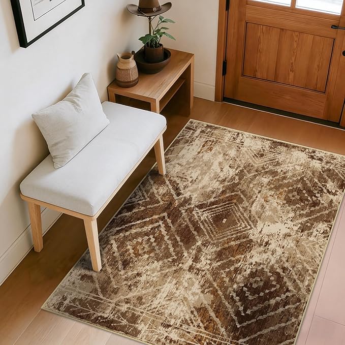 Area Rug 4x6 Rug Machine Washable Non-Slip Low Pile Print Pattern Western Rug for Living Room Bedroom Entryway Tribal Series-Abstract/Cowhide