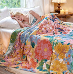 Boho Throw Blanket - 100% Cotton Throw Blankets for Bed Couch, 60"x80" Soft Muslin Lightweight Spring Throw Blanket, Cozy Oil Painting Bohemain Bedding Decor Green Throw Quilt