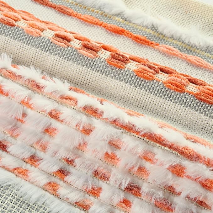 FUTEI Orange Accent Throw Pillow Covers Set of 2, 12x20 Inch Plush Tufted Striped Textured Decorative Pillow Cases for Farmhouse Boho Couch Decor