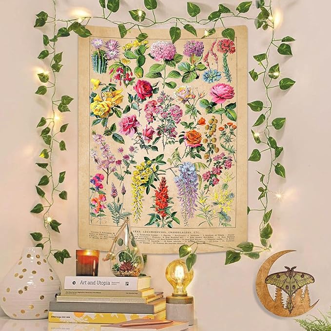 Vintage Flowers Tapestry 48”x36”, Long Vertical Wall Hanging Reference Illustrative Botanical Tapestries for Bedroom Aesthetic Floral Tapistry Botanical Plants Tapestry Wall Hanging Cute Bedroom Decor