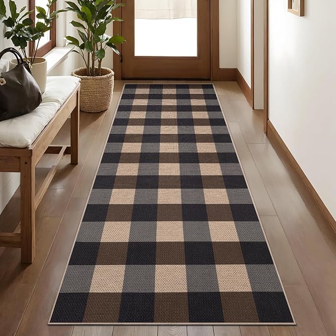 Tangsoo Checkered Easy Jute Runner Rug for Hallways,2x6 Washable Non-Slip Carpet Runner for Kitchen Bedroom Laundry Entryway Black Brown Indoor Outdoor Floor Mat