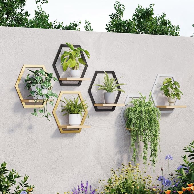 3 Pack Solid Wood & Heavy Duty Metal Wall Plant Stands,9inch Natural Wood Shelf, Boho Arch Hanging Planter for Indoor 25 LB Load for Plants, Flowers, Herbs Golden