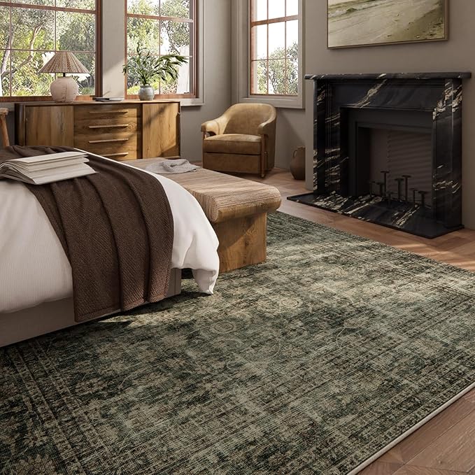 Washable Living Room Area Rug: 9x12 Rugs for Bedroom Vintage Stain Resistant Non Slip Low Pile Large Boho Carpet for Kitchen Dining Room Farmhouse Kids Room Nursery