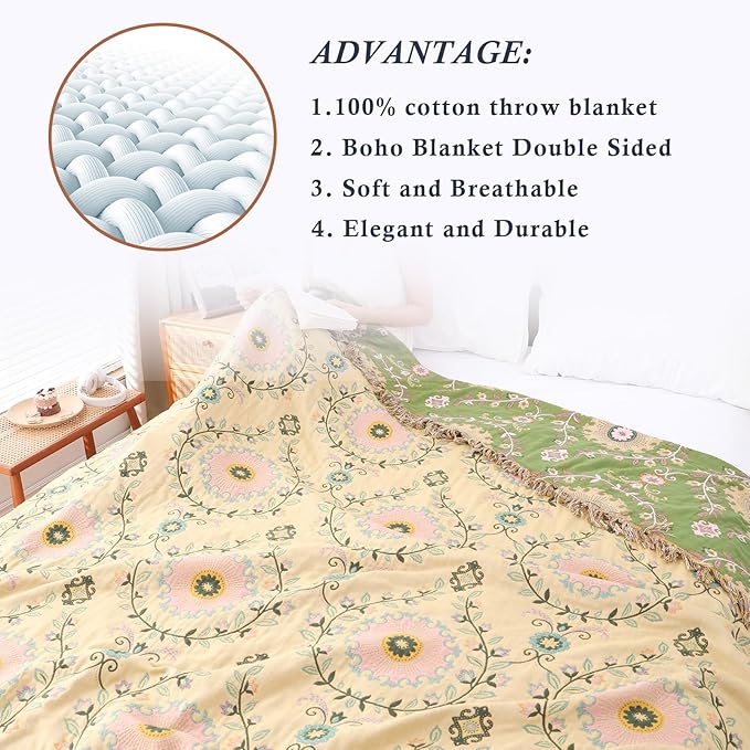 Snycler Boho Throw Blanket 91"x98" - 100% Cotton Ultra Soft Rustic Quilt, Green Floral Printed Farmhouse Decor for Bed, Sofa, Couch, Chair - All Season Cozy Blanket