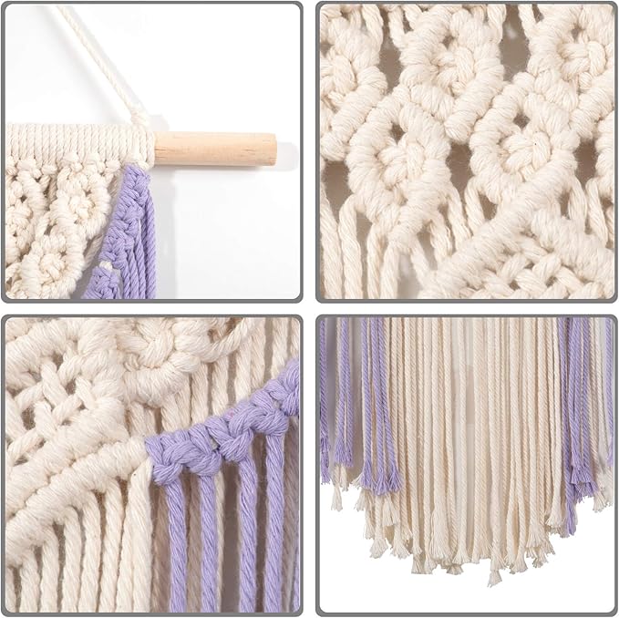 RLoncomix Macrame Wall Hanging Art Woven Wall Decor Cotton Handmade Boho Macrame Tapestry Chic Home Decor for Apartment Bedroom Living Room Dorm Gallery, Purple, 14" Wx24 L
