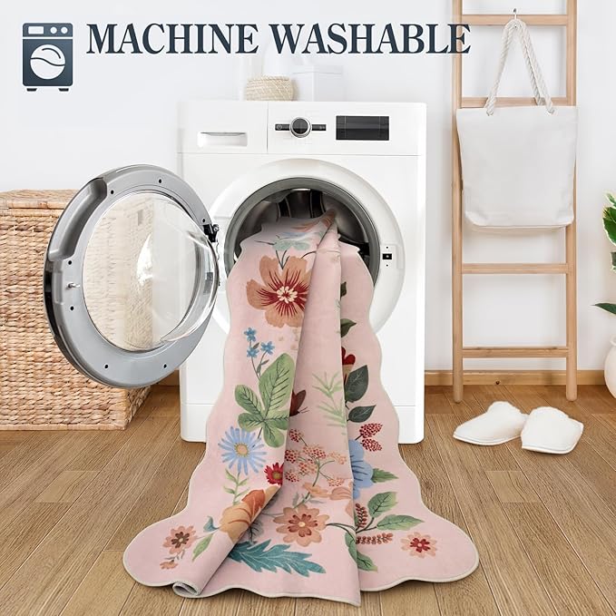 Lahome Floral Washable Rugs, 4X6 Pink Rugs for Bedroom Girls Ultra-Thin Soft Living Room Rug, Non-Slip Stain Resistant Boho Throw Carpet for ‎Nursery Office Flore, Light Pink