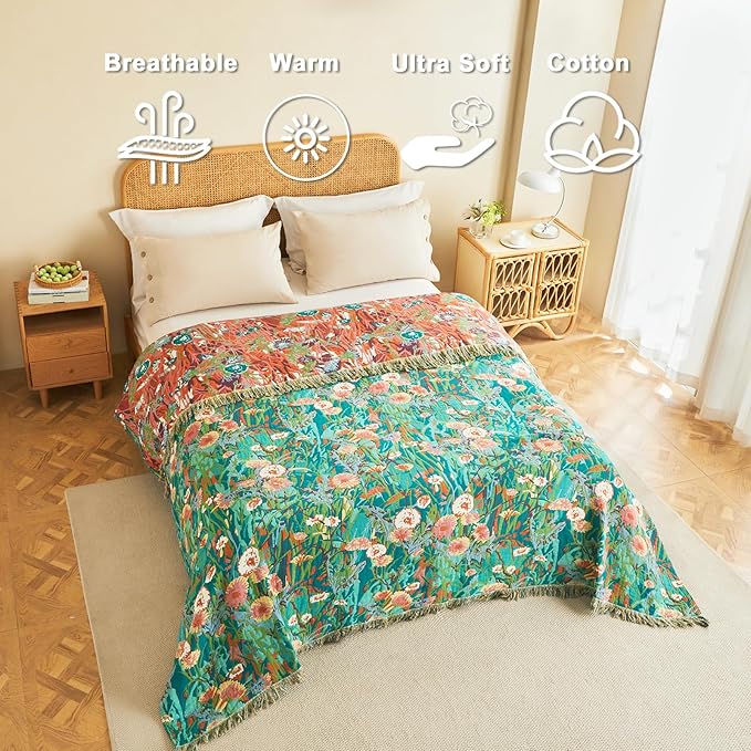 Boho Throw Blanket for Bed Cotton Spring Blankets Twin Size for Bedroom Living Room All Season Lightweight Floral Embroidery Reversible Quilt for Couch Sofa Chair 60"x80" Home Decor