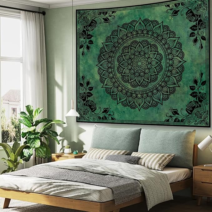 Apdidl Boho Mandala Green Tapestry for Bedroom Aesthetic, Hippie Indian Vintage Floral Decor Wall Hanging, Bohemian Ceiling Flower Plants Art Backdrop Wall Tapestries for Dorm Living Room 51" X 60"