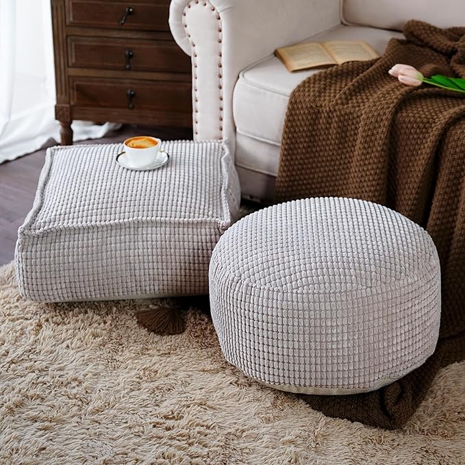 SUTAVIA Pouf Ottoman Cover Unstuffed Pouf Seat Decorative Soft Storage Bean Bag 20x20x8 Inches Floor Footrest for Living Room Bedroom (Light Gray, Round)