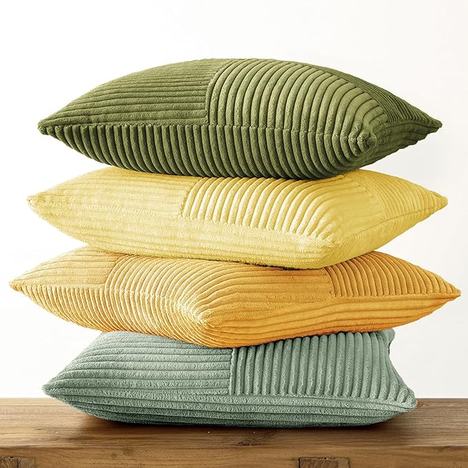 MIULEE Boho Farmhouse Spring Decorative Throw Pillow Covers 18x18 Inch 4 Packs Soft Vintage Pillow Cases Modern Corduroy Patchwork Cushion Covers for Couch Sofa Bed Summer Home Decor, Yellow Green