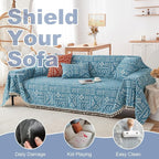 VClife Boho Couch Cover for 3 Cushion Couch Sofa Durable Soft Chenille Sofa Slipcover for Sectional Sofa, 1 PC Multi-Functional Sofa Covers Protector, Blue and White Furniture Protector 71" x 134"