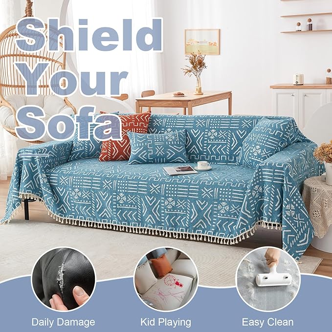VClife Boho Blue White Couch Cover Plush Soft Chenille Couch Cover for 3-4 Cushion Couch Sofa, 1 PC Washable Breathable Bohemian Sofa Cover for Sectional Couch Thick Furniture Protector 71" x 150"