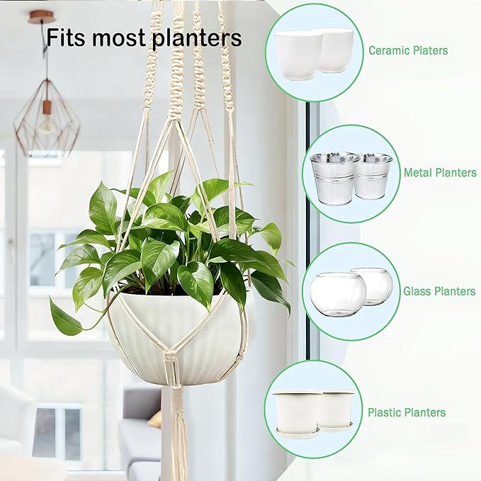 Macrame Plant Hanger, Hanging Planter Basket with Decorative Tassels, Decorative Flower Pot Holder for Indoor Outdoor Boho Home Decor, Set of 2 (Metal Hanging Ring)