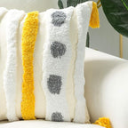Woven Tufted Farmhouse Boho Throw Pillow Cover, Modern Decorative Multi Color Geometric Stripes Pillowcase with Tassels for Couch Sofa Bedroom Living Room, 18 x 18 Inches, Ivory, White, Yellow, Grey