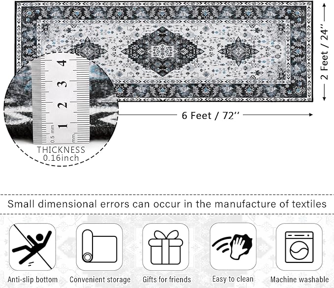 Amearea Vintage Design Runner Rugs for Living Room, 2x6 Machine Washable Floral Collection Traditional Bedroom Rug, Low Pile Cute Kids Room Print Carpet, No Slip Office Kitchen Home Decor, Black