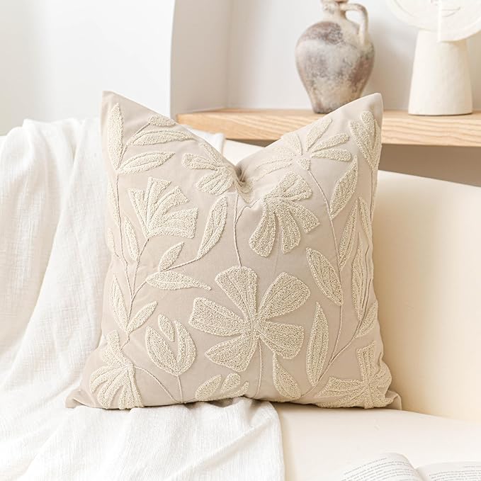 BlissBlush 20x20 Throw Pillow Cover, Square Neutral Beige Decorative Cushion Cover for Couch Sofa, Embroidered Velvet Farmhouse Accent Pillowcase (Cover Only)