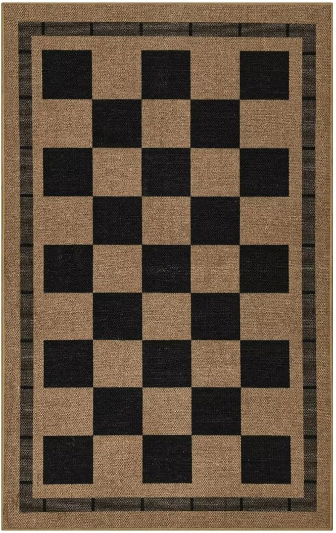 Vasofe Washable Small Entry Rug, 2x3 Checkered Jute Rugs Outdoor Indoor Front Door Mat, Non-Slip Bedroom Entrance Doorway Kitchen Mats, Plaid Farmhouse Porch Carpet, Black and Brown