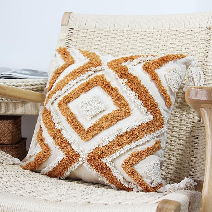 JOJUSIS Boho Throw Pillow Covers with Handmade Tassels Decorative Woven Tufted Orange Pillowcase for Couch Bedroom 18 x 18 Inch Orange B