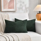 Fancy Homi 2 Packs Dark Green Lumbar Decorative Throw Pillow Covers 16x26 Inch for Living Room Couch Bed, Rustic Farmhouse Boho Home Decor, Soft Striped Corduroy Rectangle Accent Cushion Case 65x40 cm