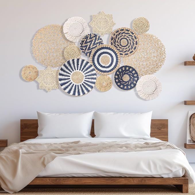 15 Pcs Boho Wall Basket Decor Woven Rattan Seagrass Wall Decor Hanging Rustic Farmhouse Western Art Decoration for Nursery Living Room Bedroom Home Kitchen(Blue Style)