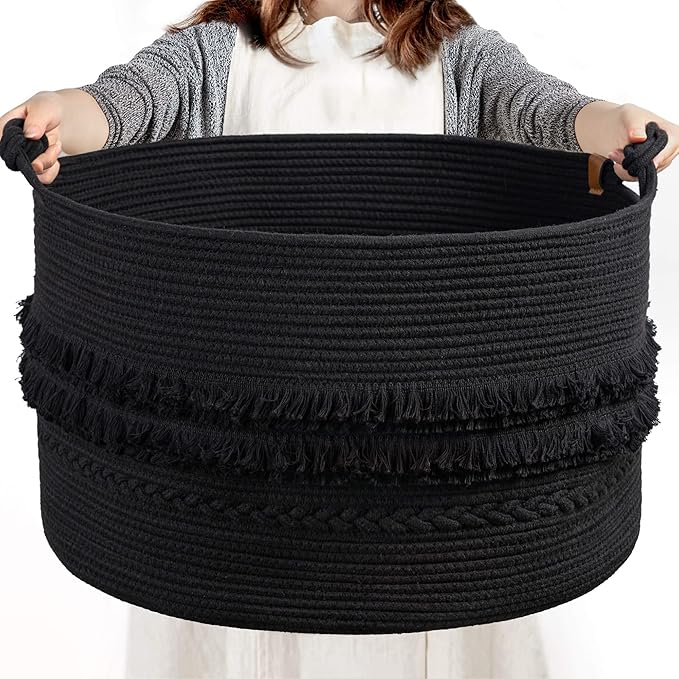 CherryNow 22"x22"x14" Large Blanket Basket, Home Décor for Living Room Bedroom, Boho Decorative Laundry Basket for Clothes, Baby Toy Storage, Black