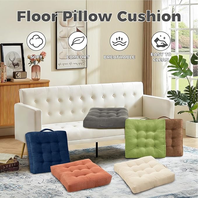 Floor Cushion Green Portable Chair Pads with Handle 2 Pack, 18x18 Inch Tufted Velvet Square Floor Cushions, Comfortable Seats for Kitchen Bar Stools & Patio
