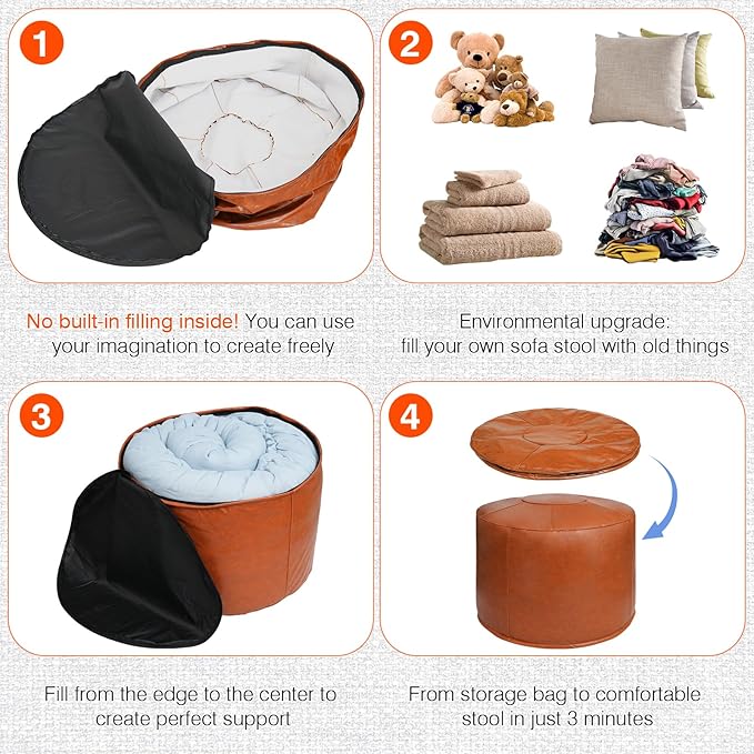 Unstuffed Ottoman Pouf Cover 20 X 15 Inch, Round Pu Leather Foot Stool, Floor Bean Bag(No Filler), Foot Rest with Storage for Living Room/Bedroom/Office, Orange