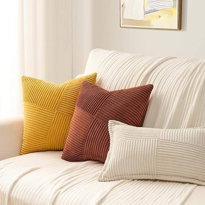 Topfinel Set of 2 Decorative Terracotta Throw Pillow Covers 26x26 Inch for Couch Sofa Bed, Rustic Farmhouse Boho Home Decor, Soft Corduroy Windmill Textured Striped Patchwork Cushion Cases