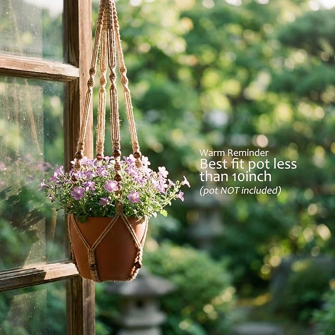 Macrame Plant Hanger 35", Set of 2 No Tassel Hanging Plant Holder, Sturdy Flower Pot Holder with 4 Hooks - Brown