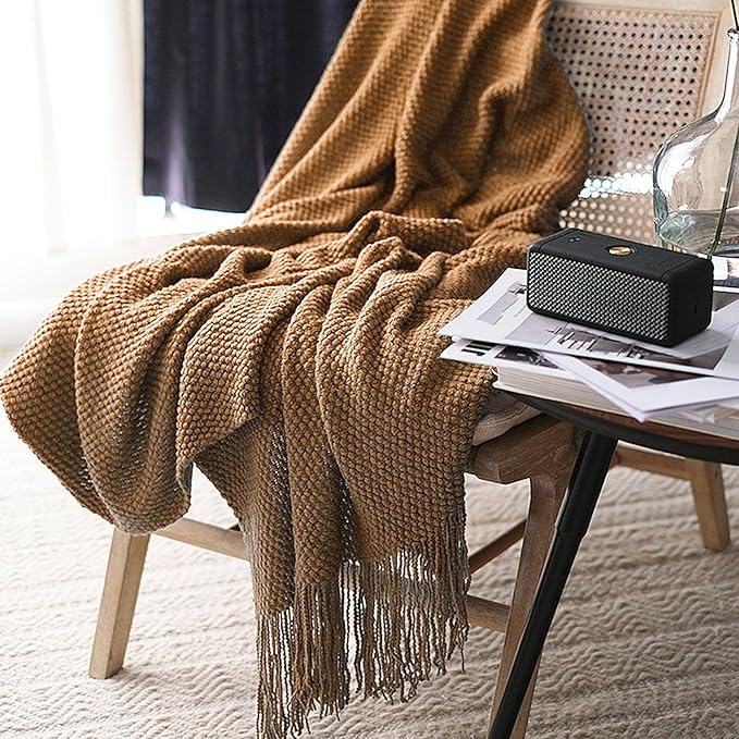 LOMAO Knitted Throw Blanket with Tassels Bubble Textured Soft Blanket Lightweight Warm Throws for Couch Cover Home Decor (Khaki, 50x60)