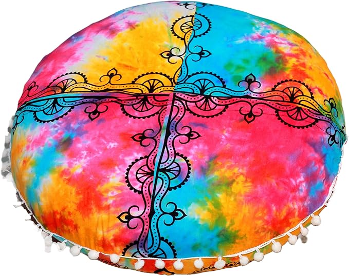 Round Mandala Floor Pillow Cover Seating Cushion Throw Cover Ottoman Pouf Cover Pom Pom Pillow Cases Hippie Decorative Bohemian Boho Indian 22 Inches (Multi Color)