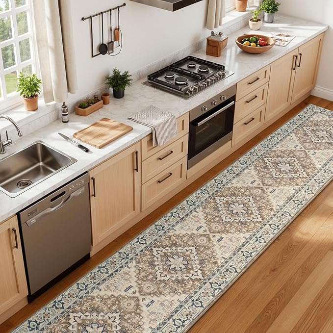 Lessymo 2 x 10 Long Runner Rug for Hallway, Washable Entryway Rugs Boho Faux Wool Low Pile Rug for Kitchen, Floral Medallion Vintage Rugs with Non-Slip Rubber, Brown Beige