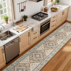 Lessymo 2 x 10 Long Runner Rug for Hallway, Washable Entryway Rugs Boho Faux Wool Low Pile Rug for Kitchen, Floral Medallion Vintage Rugs with Non-Slip Rubber, Brown Beige
