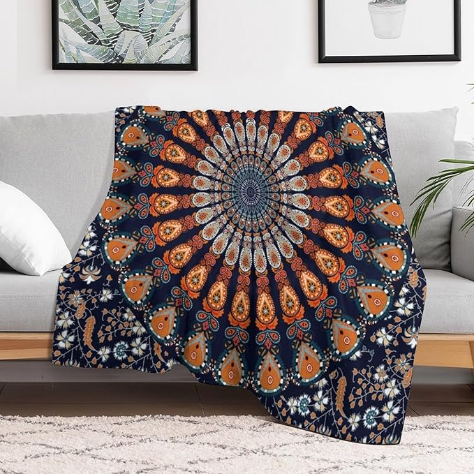 Indian Hippie Bohemian Throw Blanket Beautiful Peacock Mandala Blanket for Sofa Bed Couch Chair Or Dorm 30"x40"