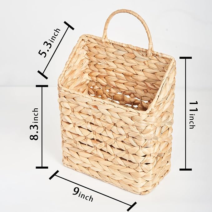 Hanging Basket Wall Planter - Water Hyacinth Woven, Outdoor Farmhouse Front Door Organizer for Plants Flowers Mail, Storage Decor, 11x9x4.5 Inch