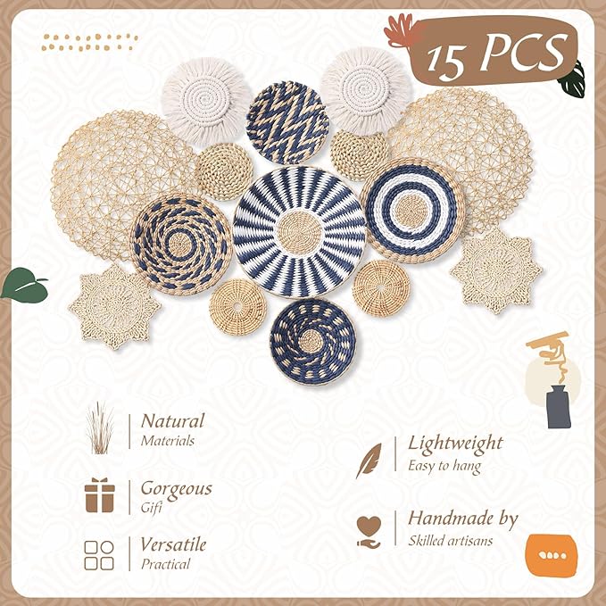 15 Pcs Boho Wall Basket Decor Woven Rattan Seagrass Wall Decor Hanging Rustic Farmhouse Western Art Decoration for Nursery Living Room Bedroom Home Kitchen(Blue Style)