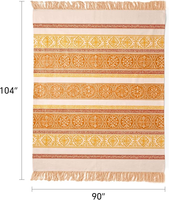 100% Cotton Boho Throw Blanket for Home Decor – Classic Farmhouse Quilt Bedding, Muslin Blankets for Adults, Vintage Woven Decorative Blanket for Couch, Bed Layering Use, Bohemian Stripe, 104"x90"