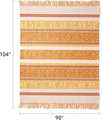 100% Cotton Boho Throw Blanket for Home Decor – Classic Farmhouse Quilt Bedding, Muslin Blankets for Adults, Vintage Woven Decorative Blanket for Couch, Bed Layering Use, Bohemian Stripe, 104"x90"
