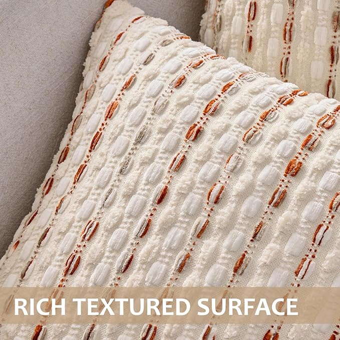 ANRODUO Boho Chenille Textured Tufted Pillow Covers 20x20 Inch Set of 2 Woven Decorative Throw Pillow Covers with Raised Stripes Accent Neutral Pillowcase for Couch Sofa Bed Living Room, Cream Rust