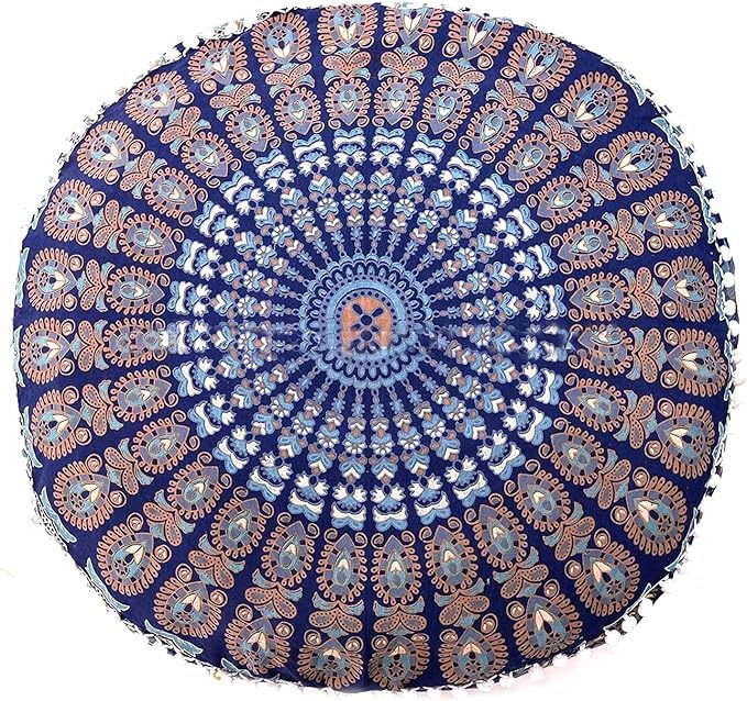 Indian Mandala Round Ottoman Pouf Cover Bohemian Floor Pillow Hippie Cotton Meditation Cushion Cover Seating Throw Decorative Footstool Kids Bean Bag Case