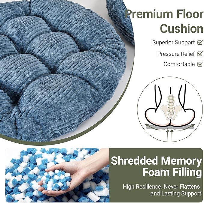 Large Floor Pillow for Adults, 22x22" Memory Foam Floor Cushion with Corduroy Cover, Round Floor Sitting Cushions for Meditation, Lounge,Seating for Yoga, Tatami Living Room (2, Round-Navy Blue)
